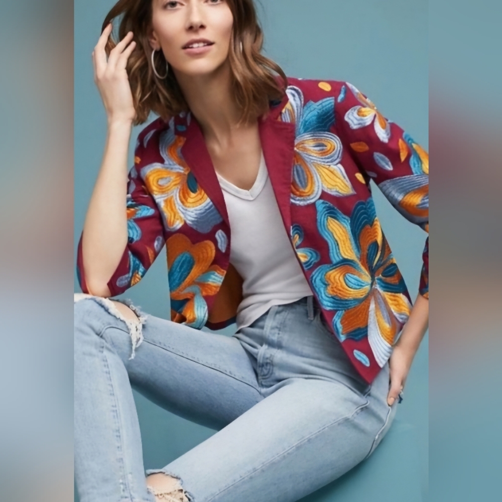 NEW Anthropologie WOODSTOCK Embroidered Crop Jacket Medium Med Midweight SPRING!